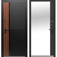 Дверь металлическая Бизнес-Класса Дуб диагональ Орех каньон коньяк / Сатин черный Зеркало