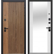 Дверь металлическая Бизнес-Класса Рейка Орех лесной + патина / Эмалит белый Зеркало